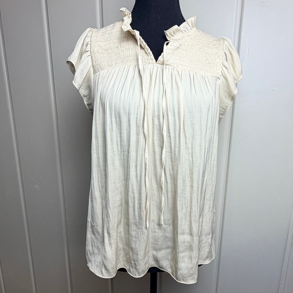 Maison d'Amelie Paris Cream Smocked Ruffle Neck Flutter Sleeve Blouse Medium